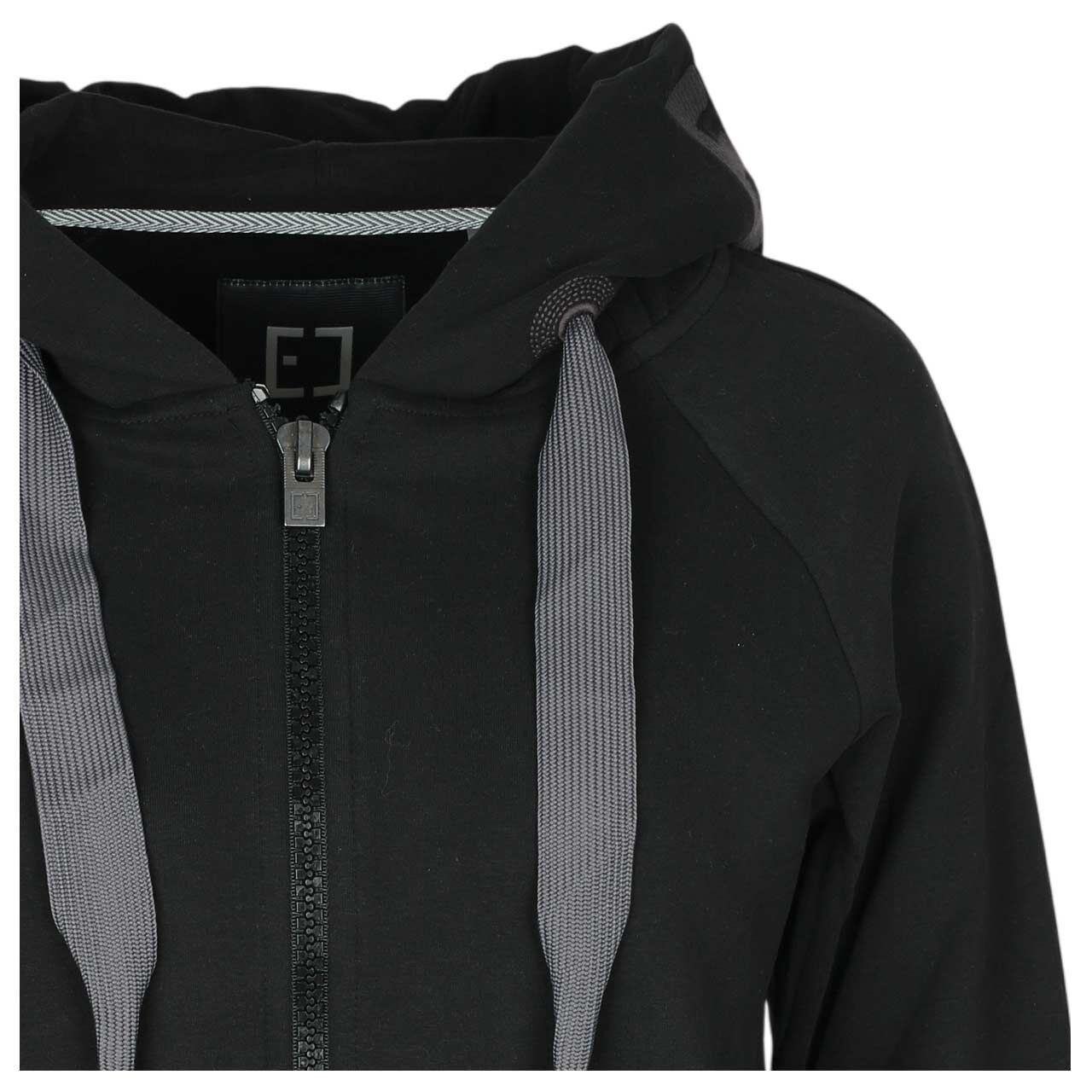 Damen Hoodie Sweatjacke Kelda von Elbsand in Schwarz mit Print, detaillierte Vorderansicht