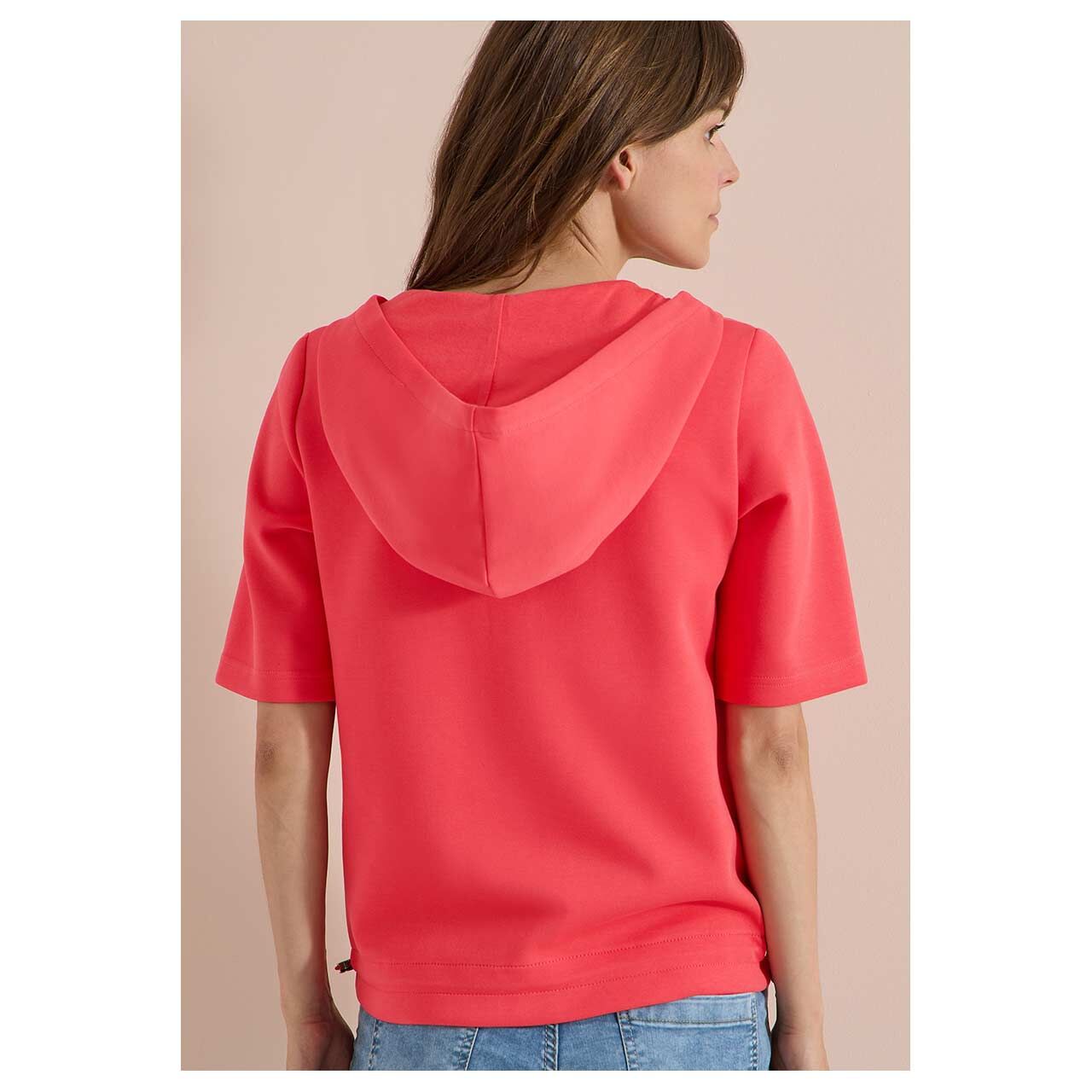 Damen Kurzarm Hoodie Shirtjacke Solid von Cecil in Korallenrot, Rückansicht am Model