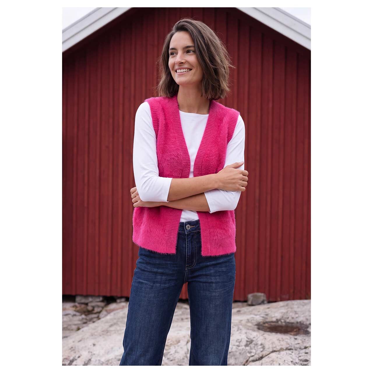 Damen Strickweste Open Feather Yarn Vest von Cecil in Pink, Vorderansicht am Model