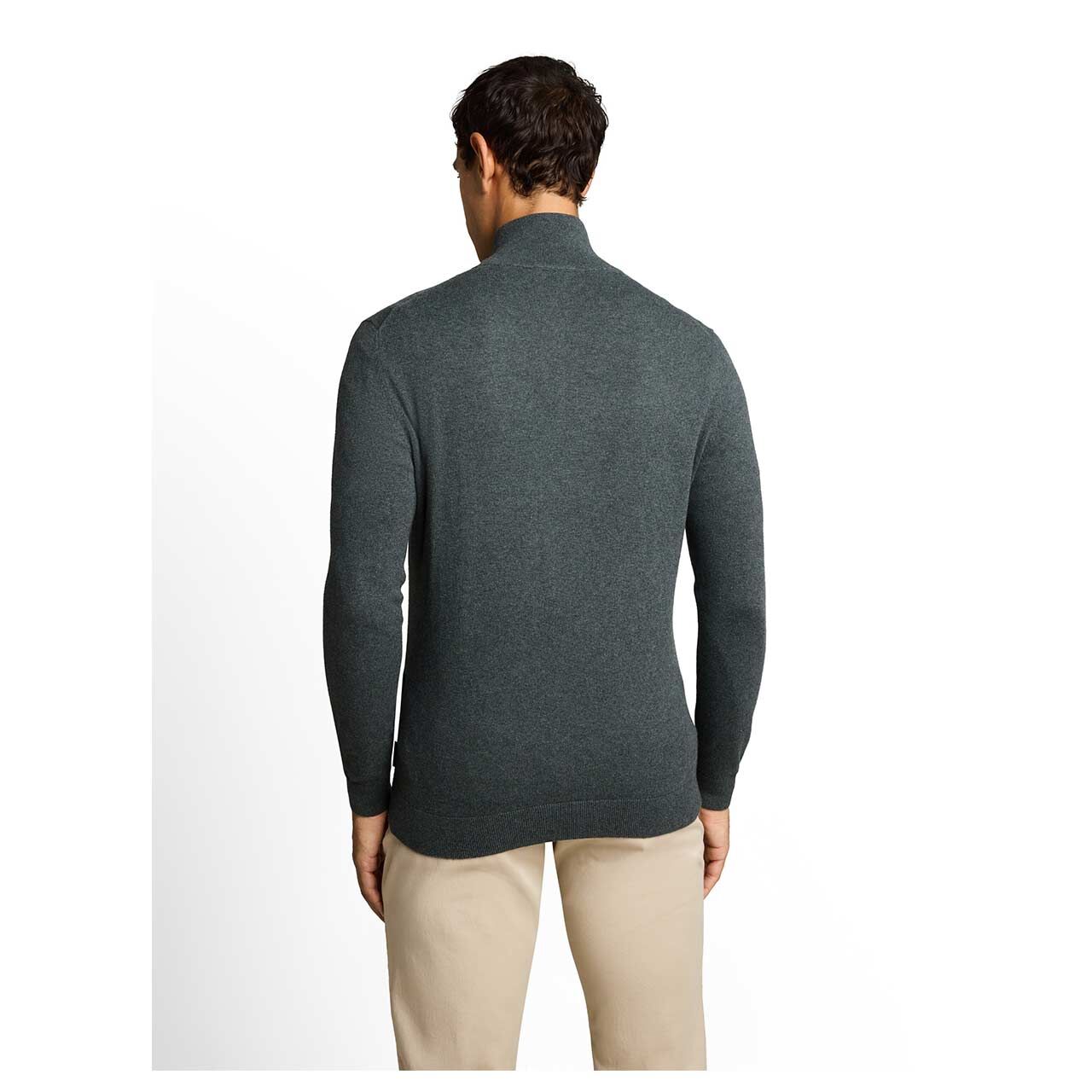 Herren Pullover Troyer Cashmere Knitted von Tom Tailor in Olivgrün meliert, Rückansicht am Model