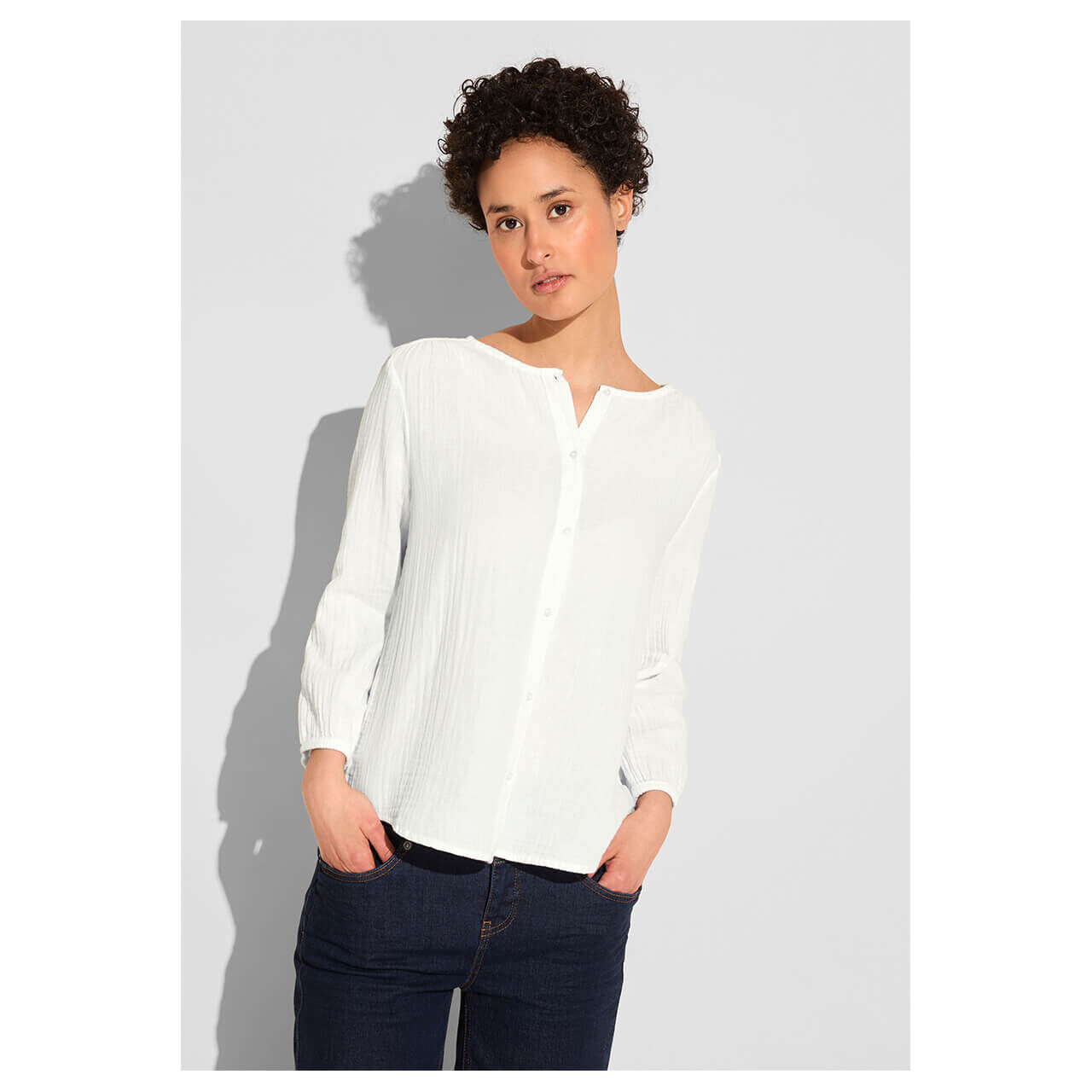 Street One Damen 3/4 Arm Bluse Musselin Buttoned Roundneck off white