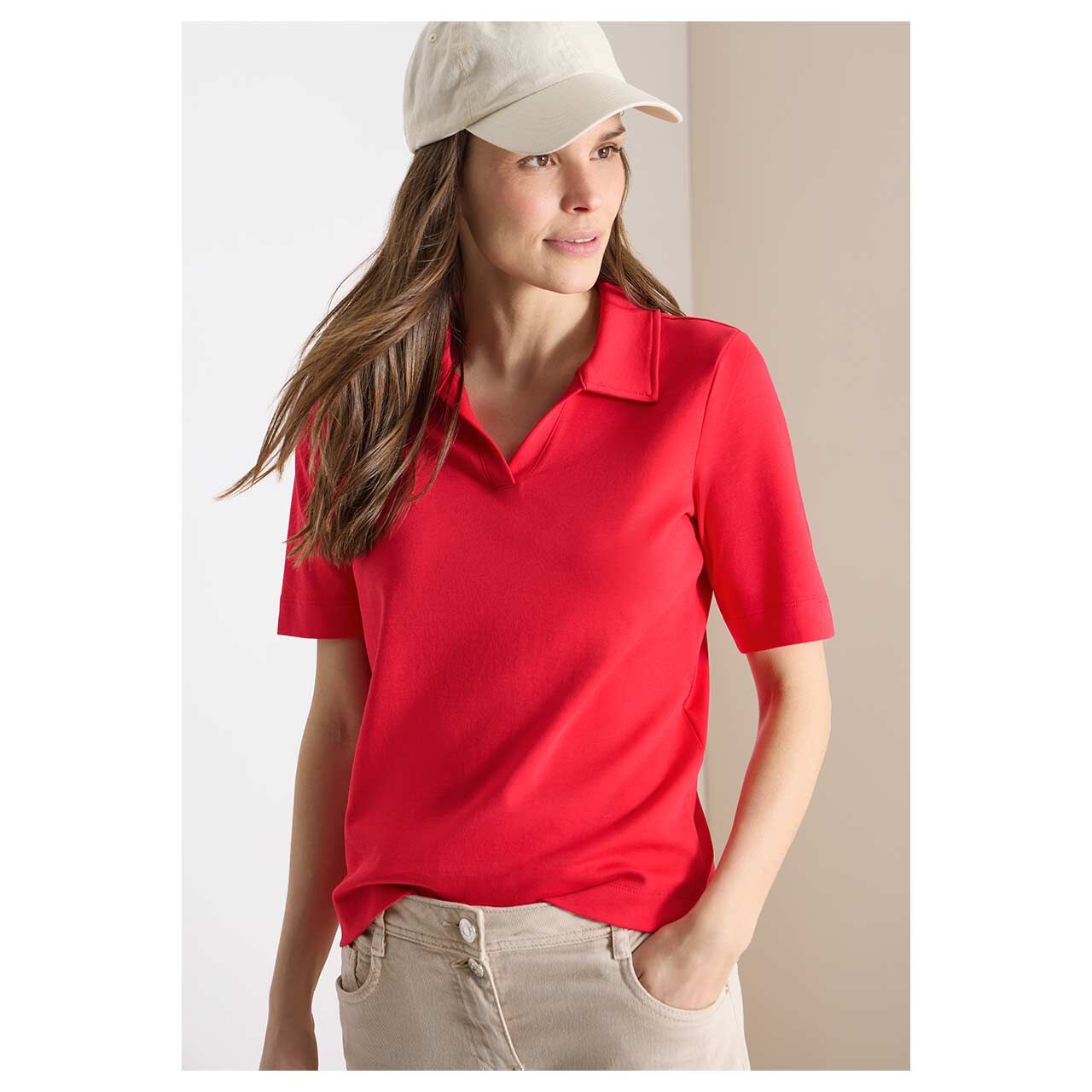 Damen Poloshirt Solid von Cecil in Rot, Vorderansicht Model