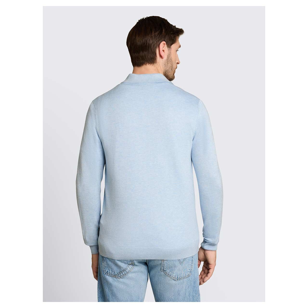 Herren Pullover Soft Knit Polo von Tom Tailor in Hellblau meliert, Rückansicht am Model