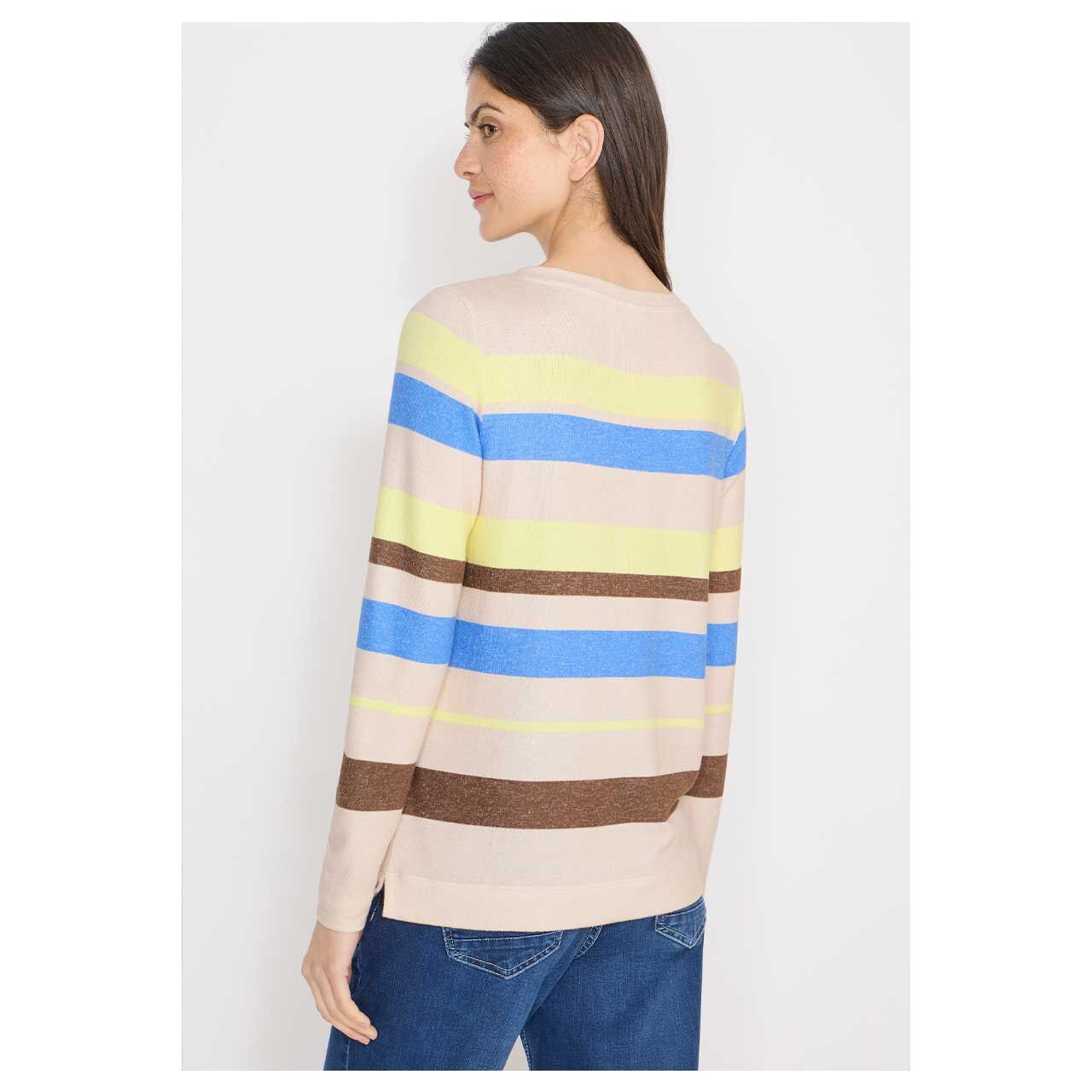 Damen Langarm Shirt Cosy Multistripe Boatneck von Cecil in Beige gestreift, Rückansicht am Model