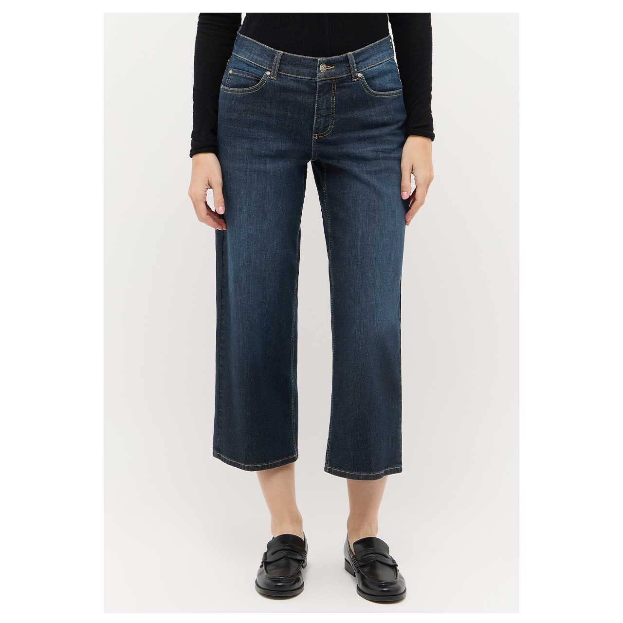Stretch Damen 3/4 Jeans Linn von Angels in Dunkelblau angewaschen, Vorderansicht am Model
