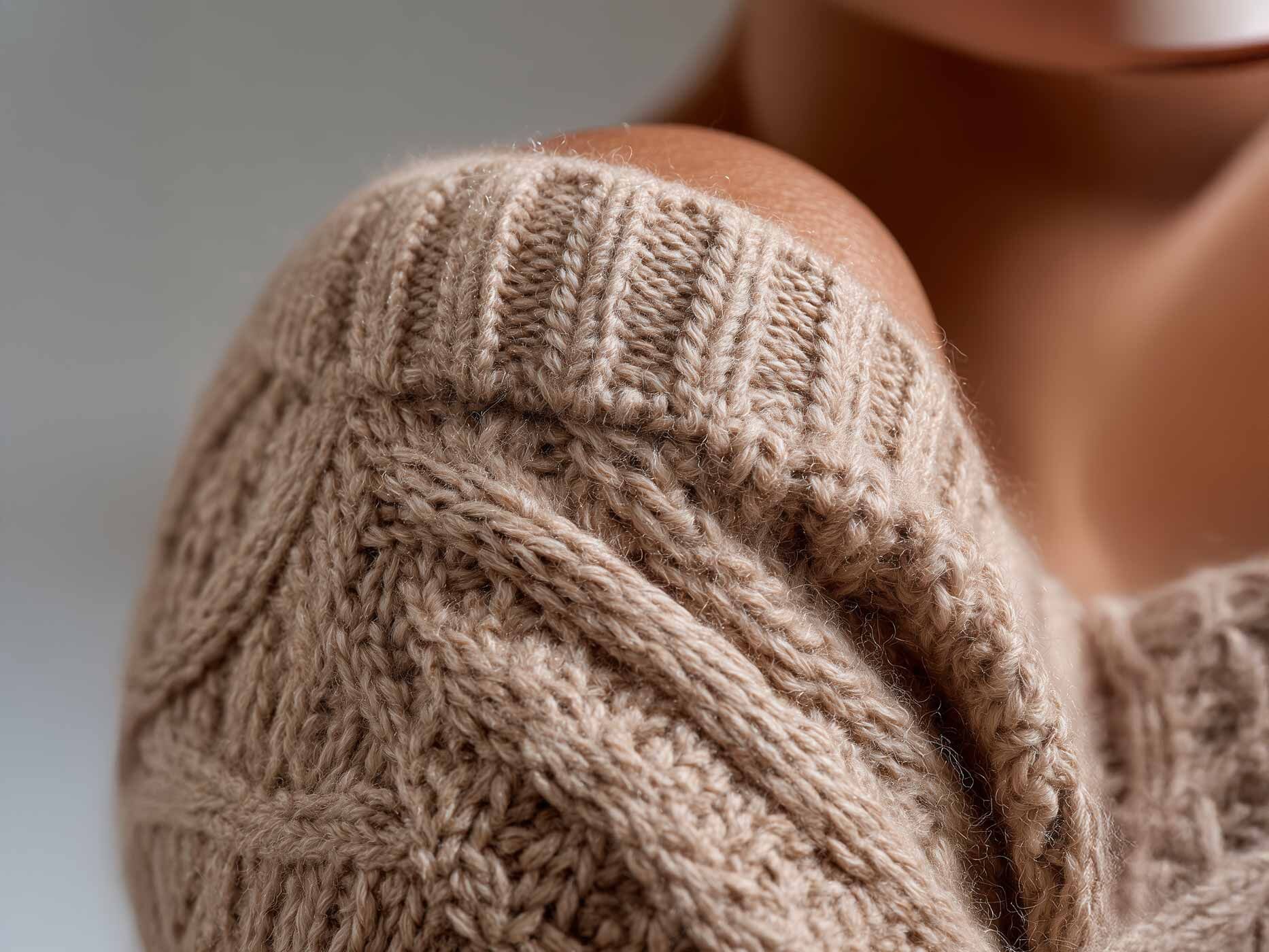 Nahaufnahme der Schulter einer Frau, auf der ein Wollpullover halb aufliegt.