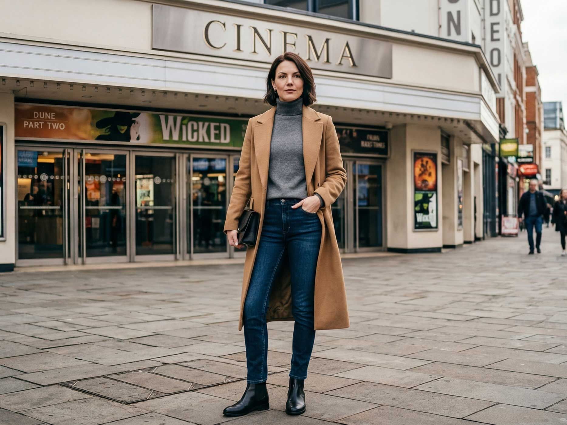 Eine Frau tr&auml;gt eine dunkelblaue Skinny Jeans, schwarze Boots, ein graues Rollkragenoberteil, einen beigen Mantel und eine schwarze Handtasche.