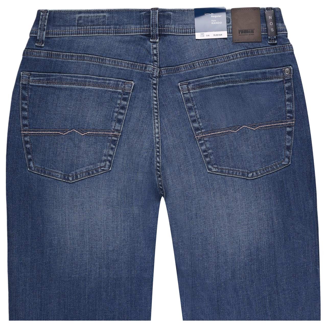 Stretch Herrenjeans Rando Megaflex in Blau angewaschen, detaillierte Rückansicht