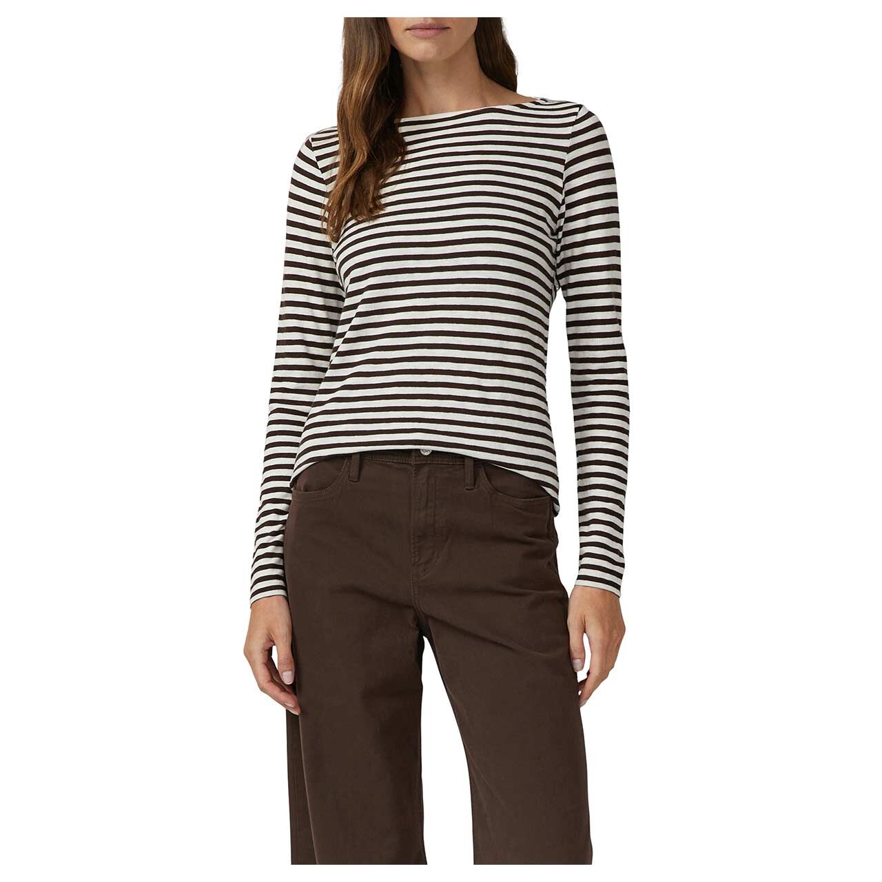 Damen Langarm Shirt von s.Oliver in Dunkelbraun gestreift, detaillierte Vorderansicht am Model