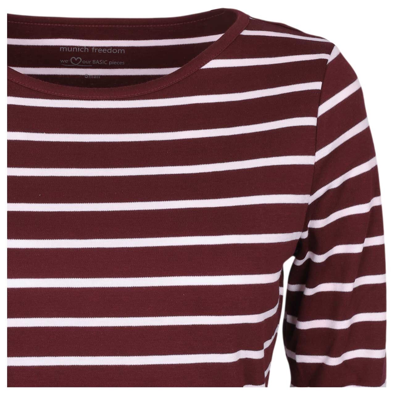 Damen 3/4 Arm Shirt von Munich Freedom in Weinrot-Rosa gestreift, detaillierte Vorderansicht
