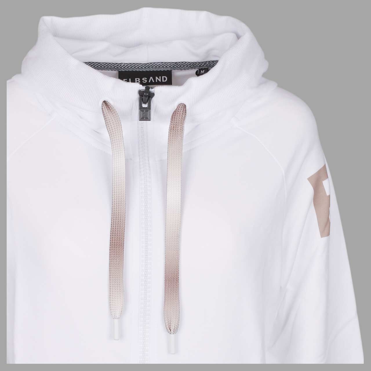 Damen Hoodie Sweatjacke Kala von Elbsand in Weiß mit Print, detaillierte Vorderansicht