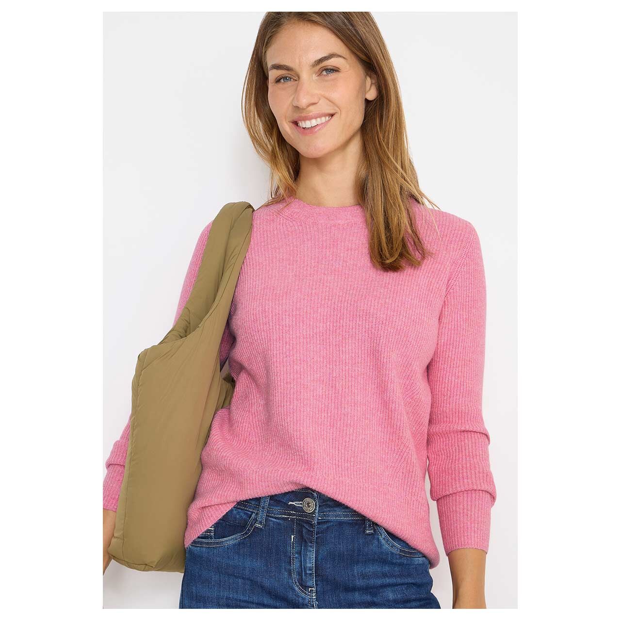 Damen Damen Pullover Cosy Rib Mix von Cecil in Rosa meliert, Vorderansicht am Model