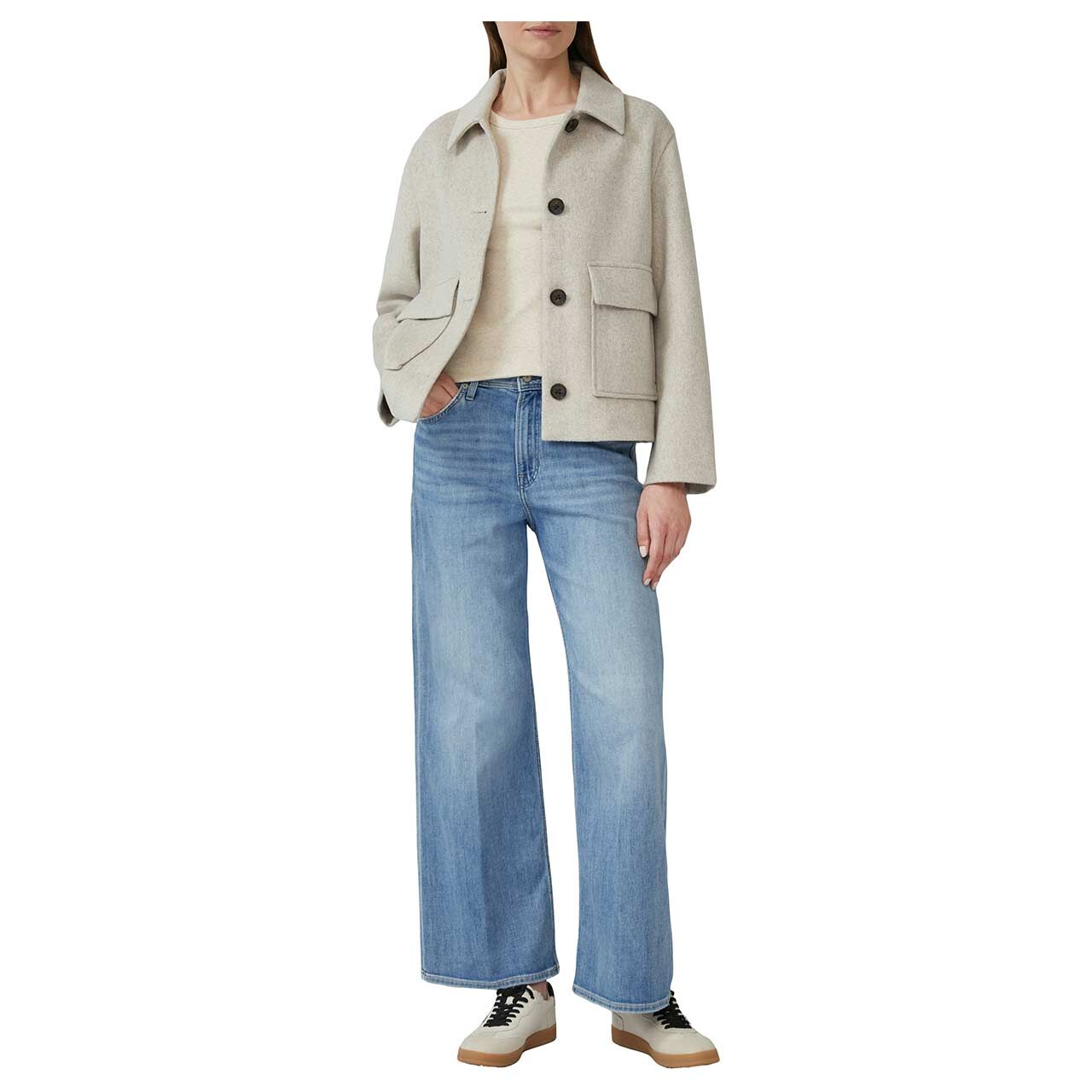 Damen T-Shirt von s.Oliver in Beige meliert mit der Farbnummer 81W9, Ganzkörperansicht am Model