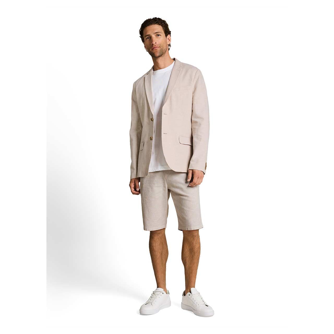 Herren Leinen Sakko Cotton Linen Blazer von Tom Tailor in Beige meliert, Ganzkörperansicht am Model
