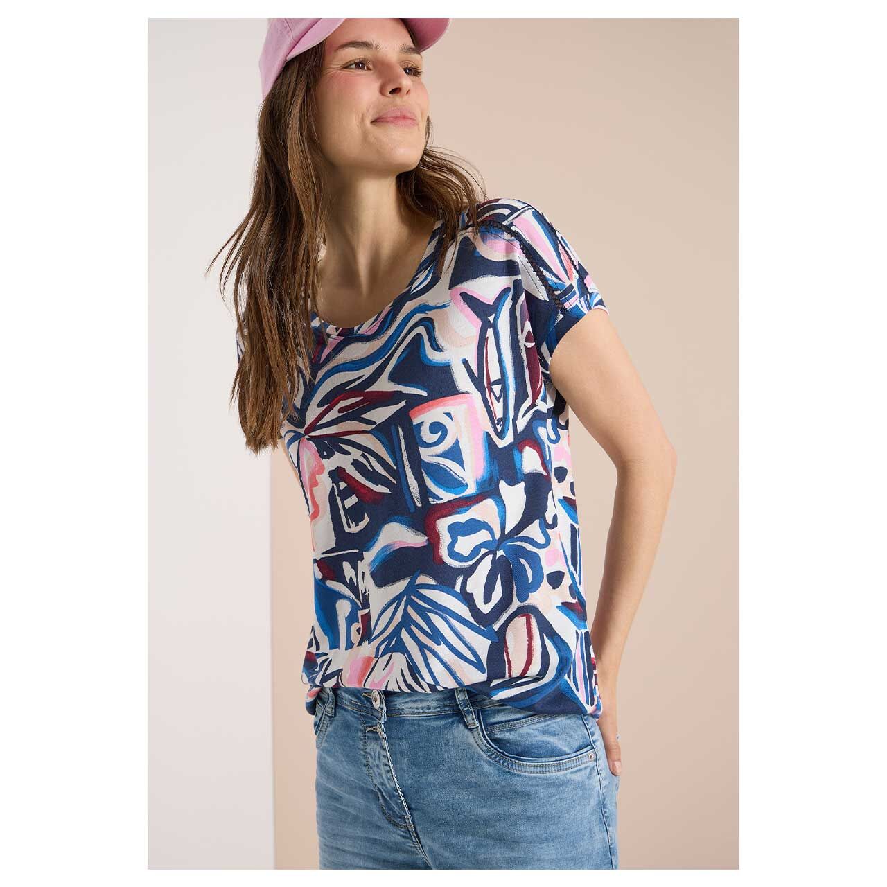Damen T-Shirt Multi Lace Shoulder von Cecil in Dunkelblau mit Print, Vorderansicht am Model