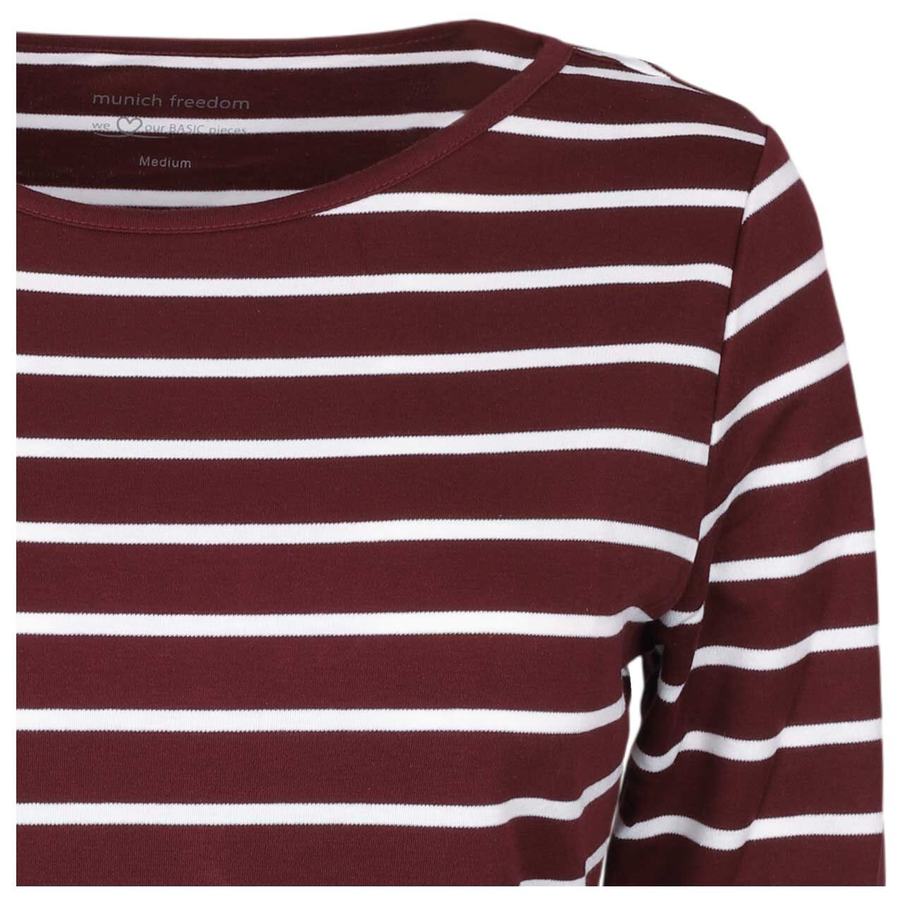 Damen 3/4 Arm Shirt von Munich Freedom in Weinrot-Cremeweiß gestreift, detaillierte Vorderansicht