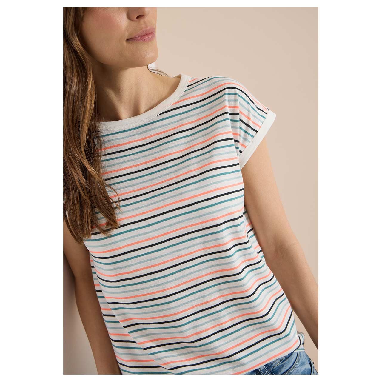 Cecil Damen T-Shirt Multi Striped Turn-Up vanilla white