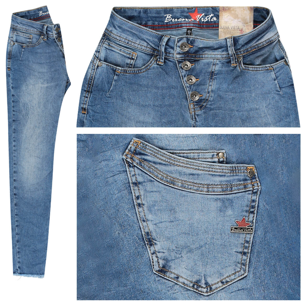 Buena Vista Jeans Malibu 7/8 Stretch Denim für Damen in Hellblau verwaschen mit Destroyed-Effekten, FarbNr.: 4804