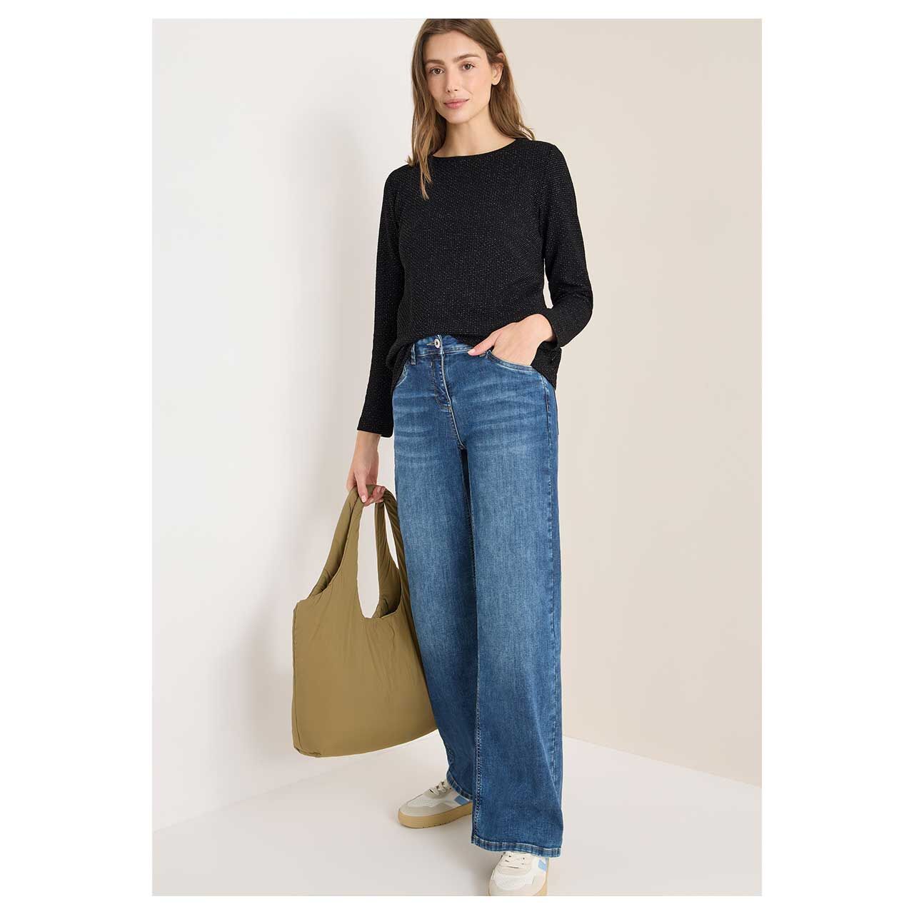 Damen Sweatshirt Glitter Structure Boat Neck von Cecil in Schwarz, Ganzkörperansicht Model