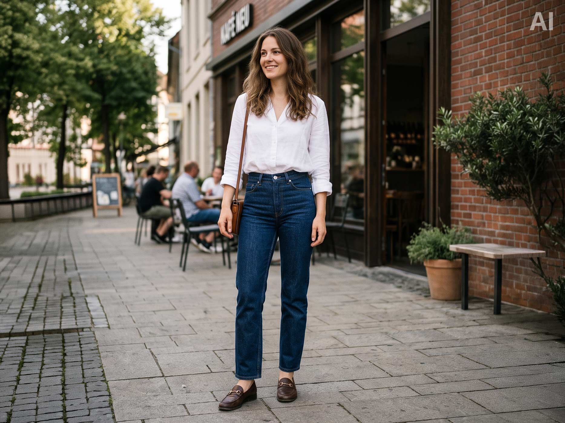 Die Frau kombiniert eine dunkelblaue Straight Leg Jeans mit einer wei&szlig;en Bluse, braunen Loafern und einer kleinen Umh&auml;ngetasche.