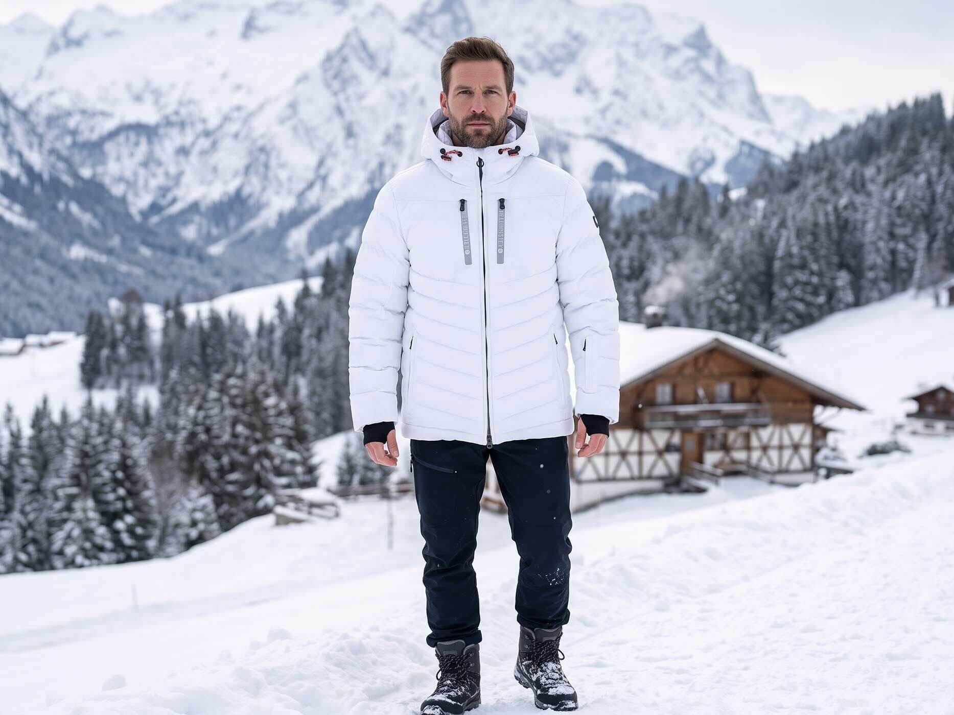 Ein Man steht drau&szlig;en im Schnee hinter ihm sind verschneite Berge zu sehen. Er tr&auml;gt eine wei&szlig;e Winterjacke mit einer schwarzen Hose  und Schneesteifeln.