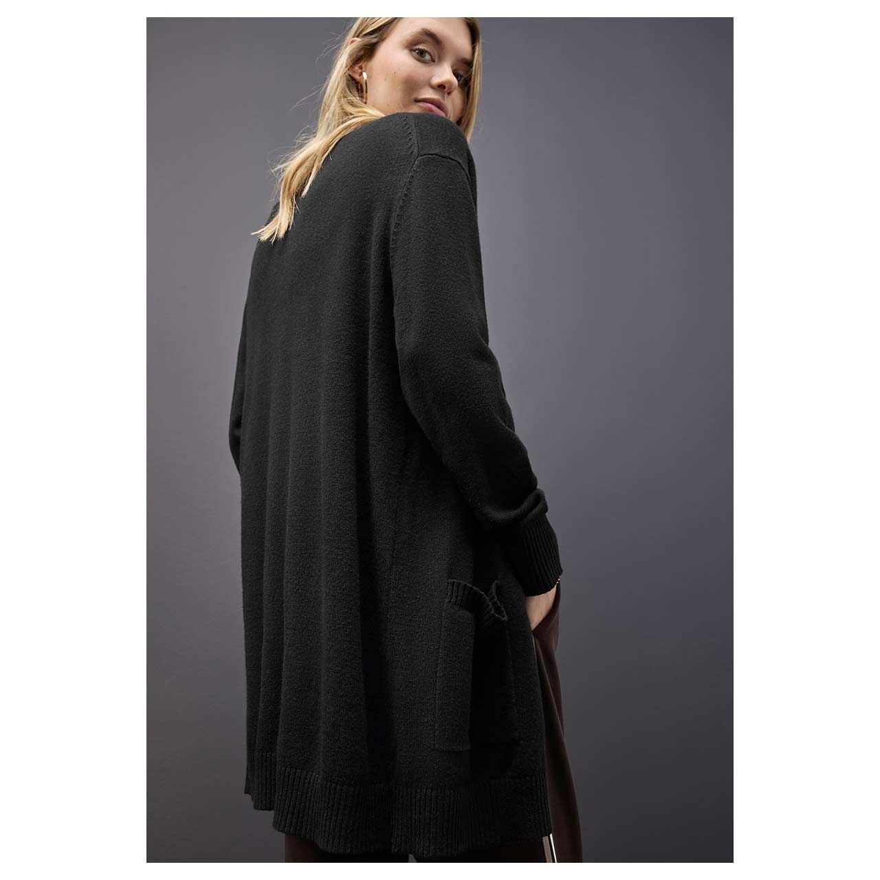 Damen Long Strickjacke Cosy Open Cardigan von Street One in Schwarz, Rückansicht am Model
