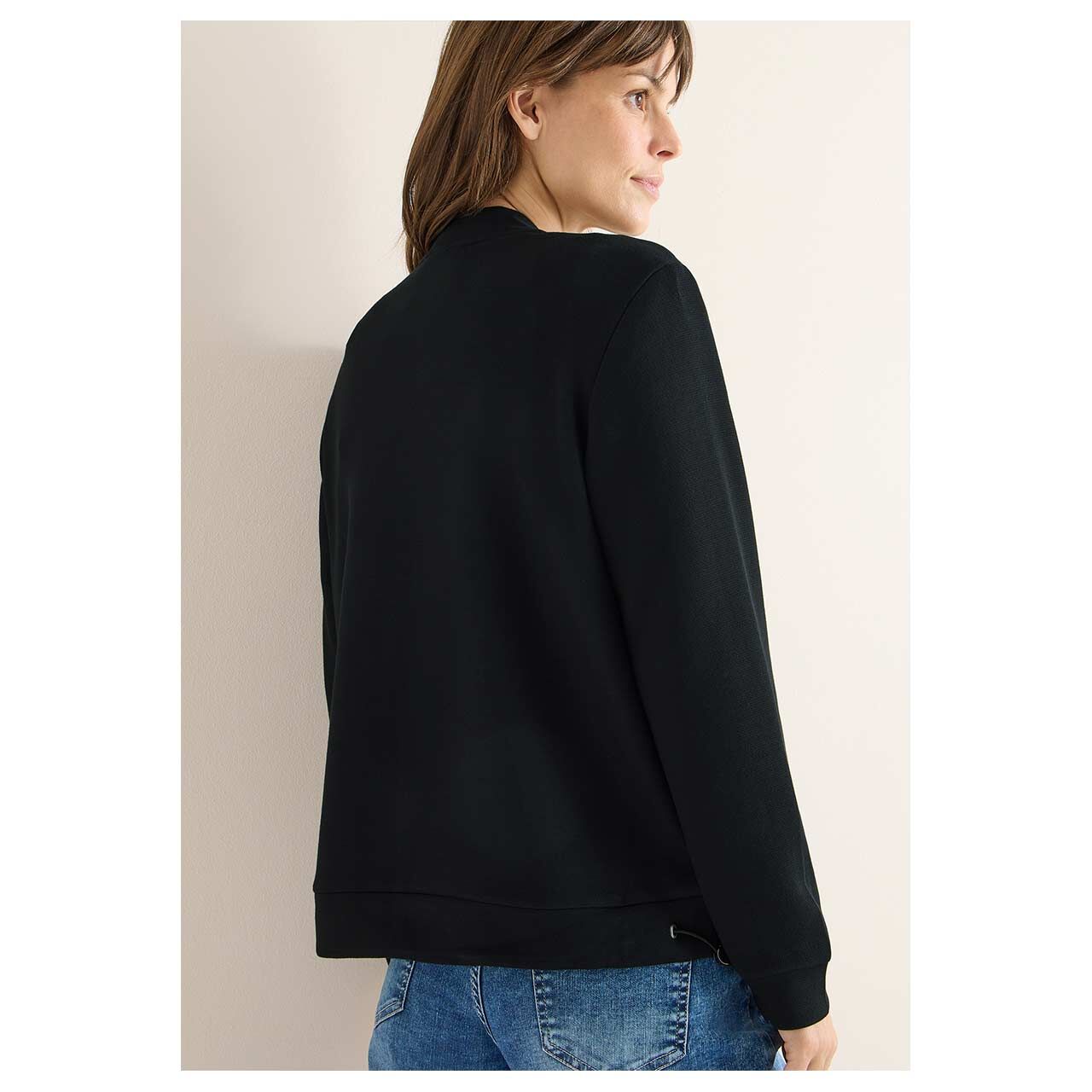 Damen Sweatjacke Soft Piqué von Cecil in Schwarz, Vorderansicht am Model