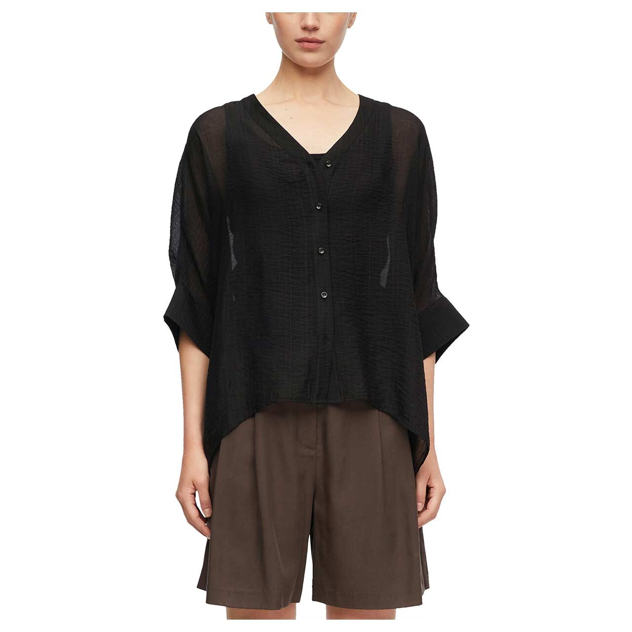 Damen Kurzarm Bluse von Comma in Schwarz, Vorderansicht am Model