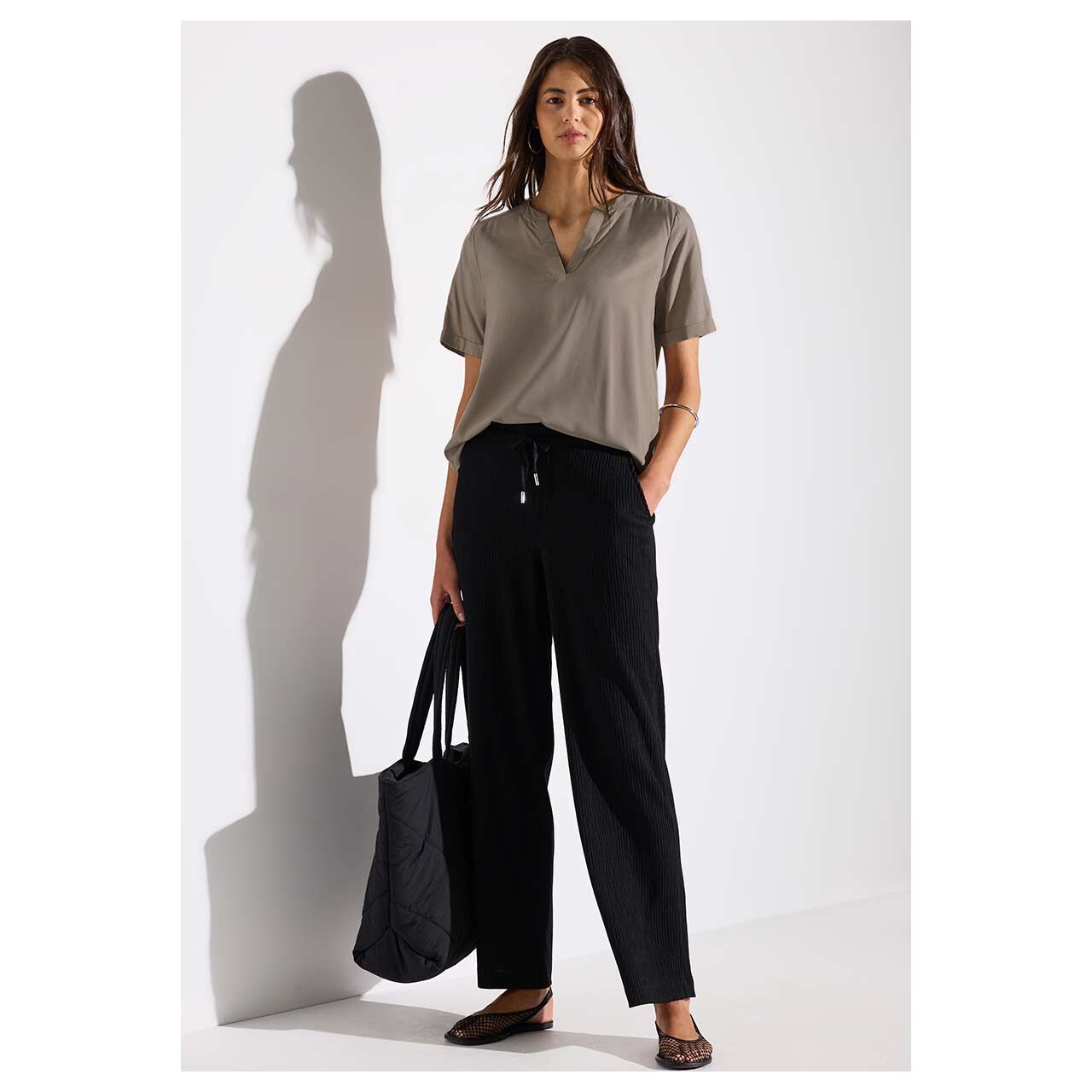 Street One Damen Kurzarm Bluse Splitneck vintage stone