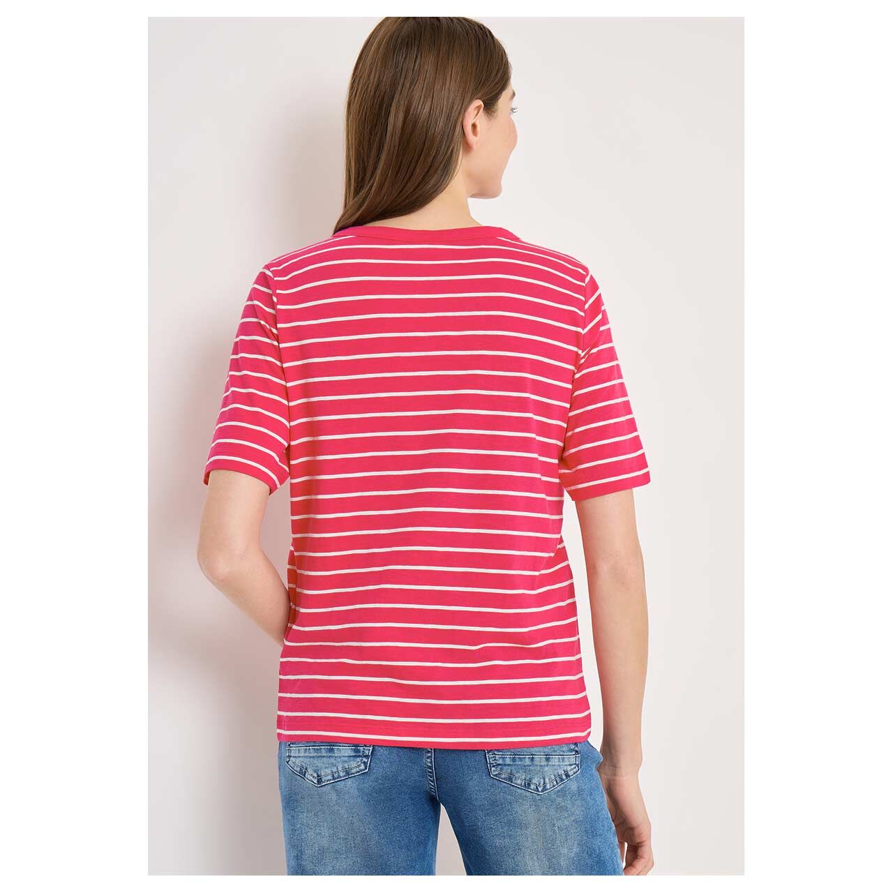 Damen T-Shirt Striped Slubyarn von Cecil in Pink gestreift, Rückansicht am Model