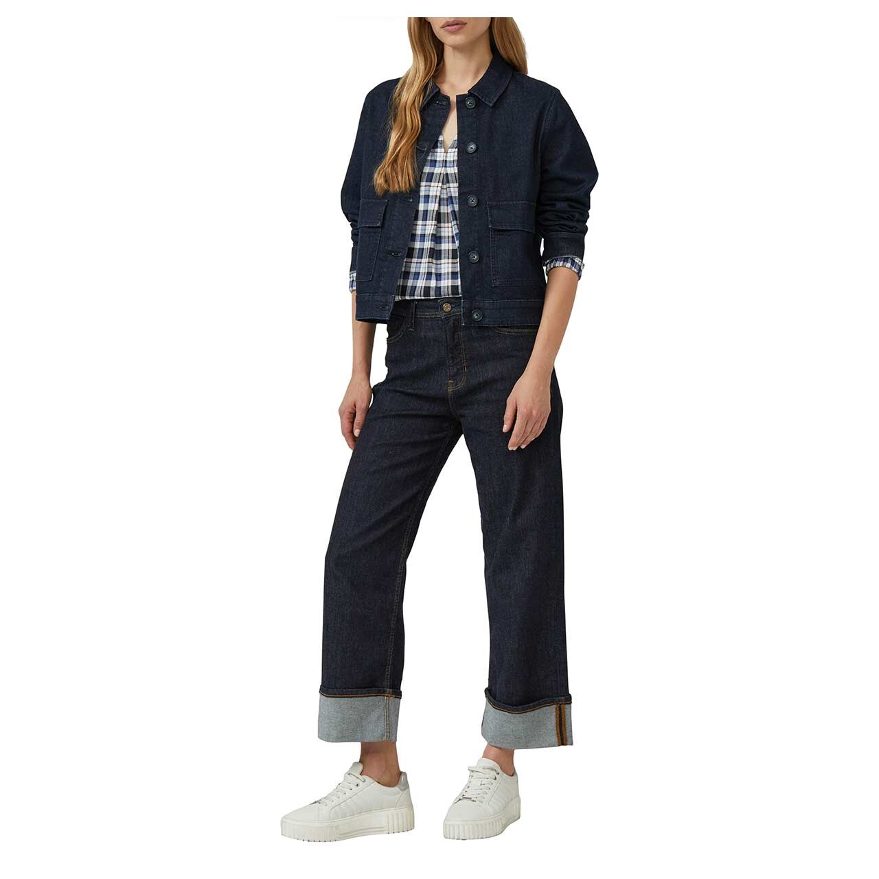 Damen Langarm Bluse von s.Oliver in Dunkelblau kariert, Ganzkörperansicht vorne am Model