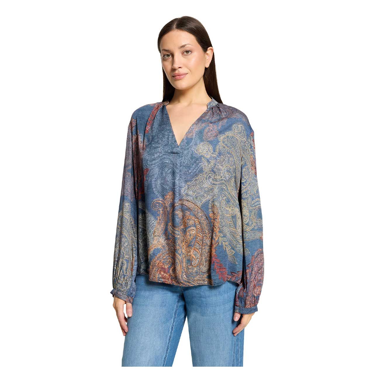 Damen Langarm Bluse von Betty Barclay in Blau mit Print, Vorderansicht am Model