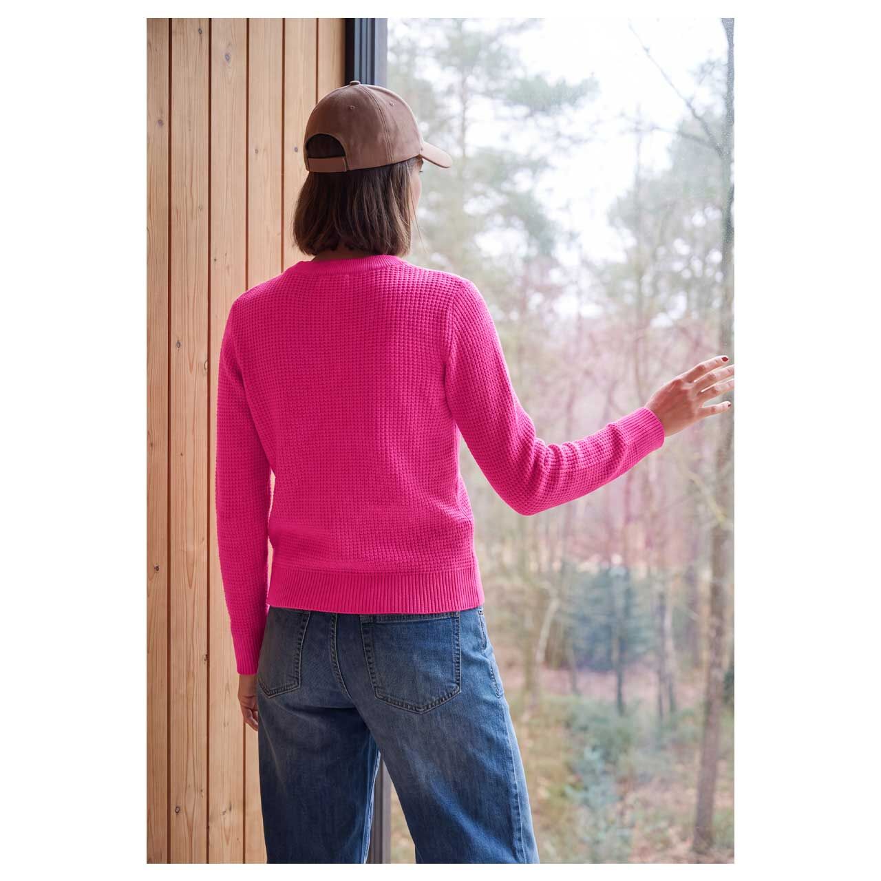 Damen Pullover Structured Cosy Sweater von Cecil in Pink meliert, Rückansicht am Model