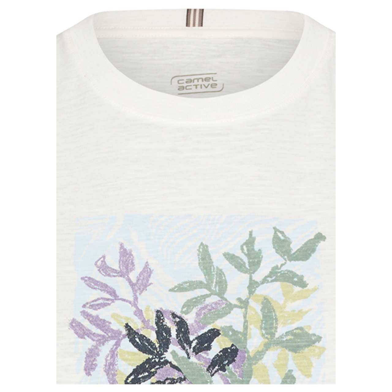 Damen T-Shirt von Camel active in Cremeweiß meliert mit Print, detaillierte Vorderansicht