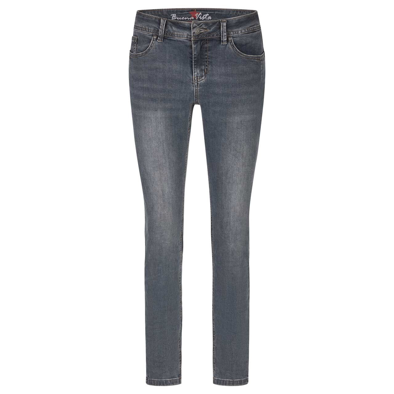 Damen Ankle Jeans Malibu-Zip High Cropped Stretch Denim von Buena Vista in Grau angewaschen, Vorderansicht
