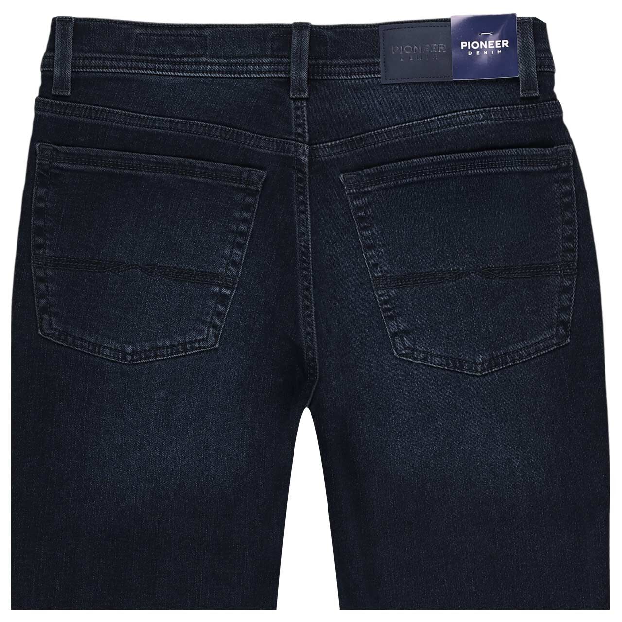 Stretch Herrenjeans Rando Megaflex in Dunkelblau angewaschen von Pioneer, detaillierte Rückansicht