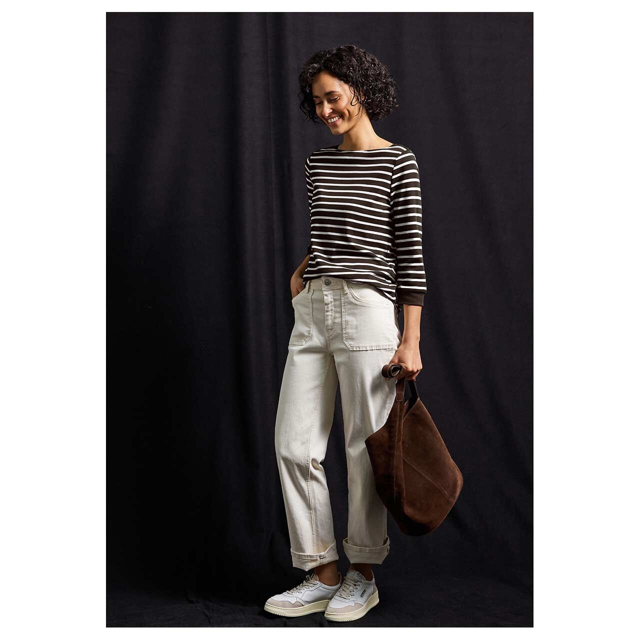 Damen 3/4 Arm Shirt Basic U-Boat von Street One in Dunkelbraun gestreift, Ganzkörperansicht am Model gestylt