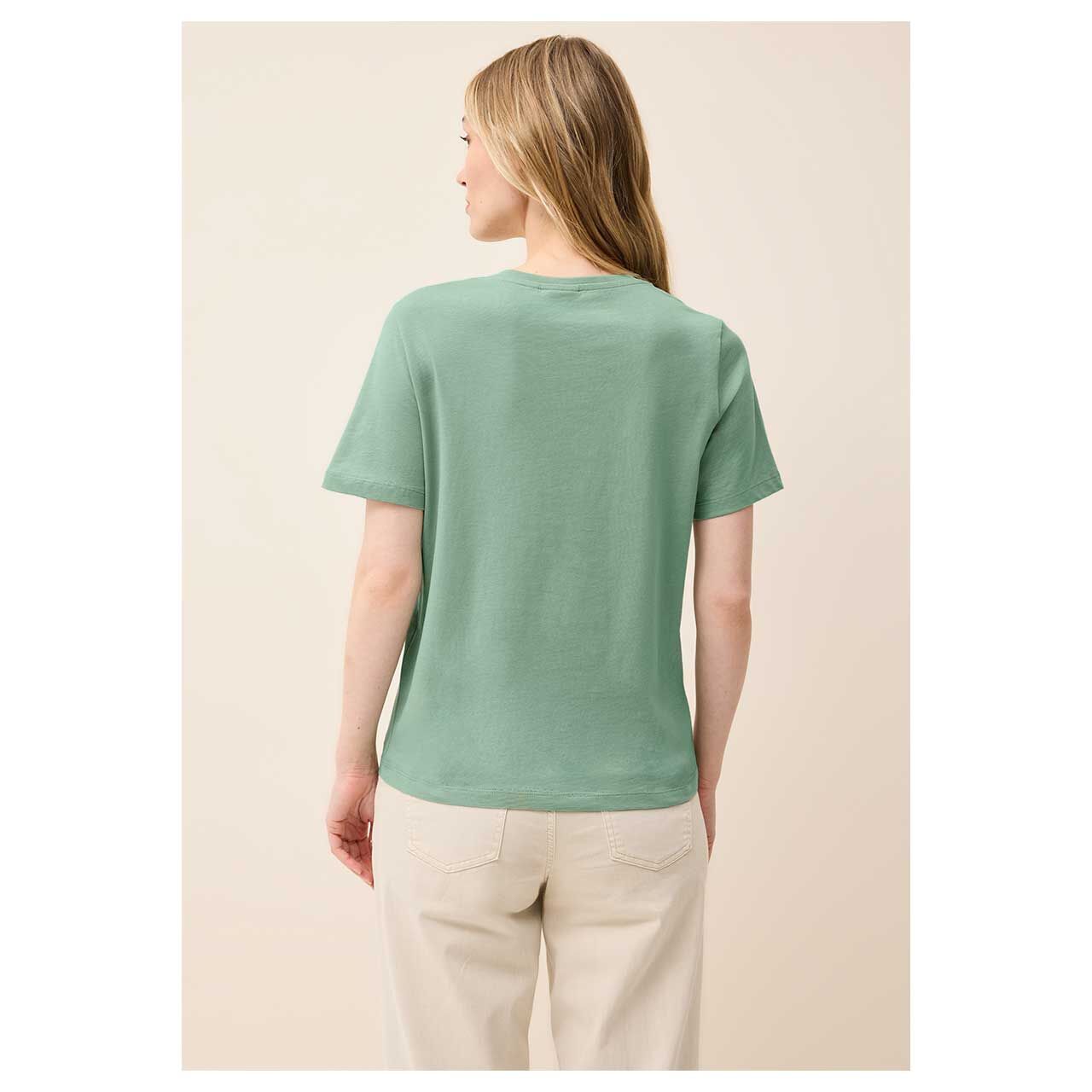 Damen T-Shirt Glitter Foil Print von Cecil in Pastellgrün, Rückenansicht am Modell