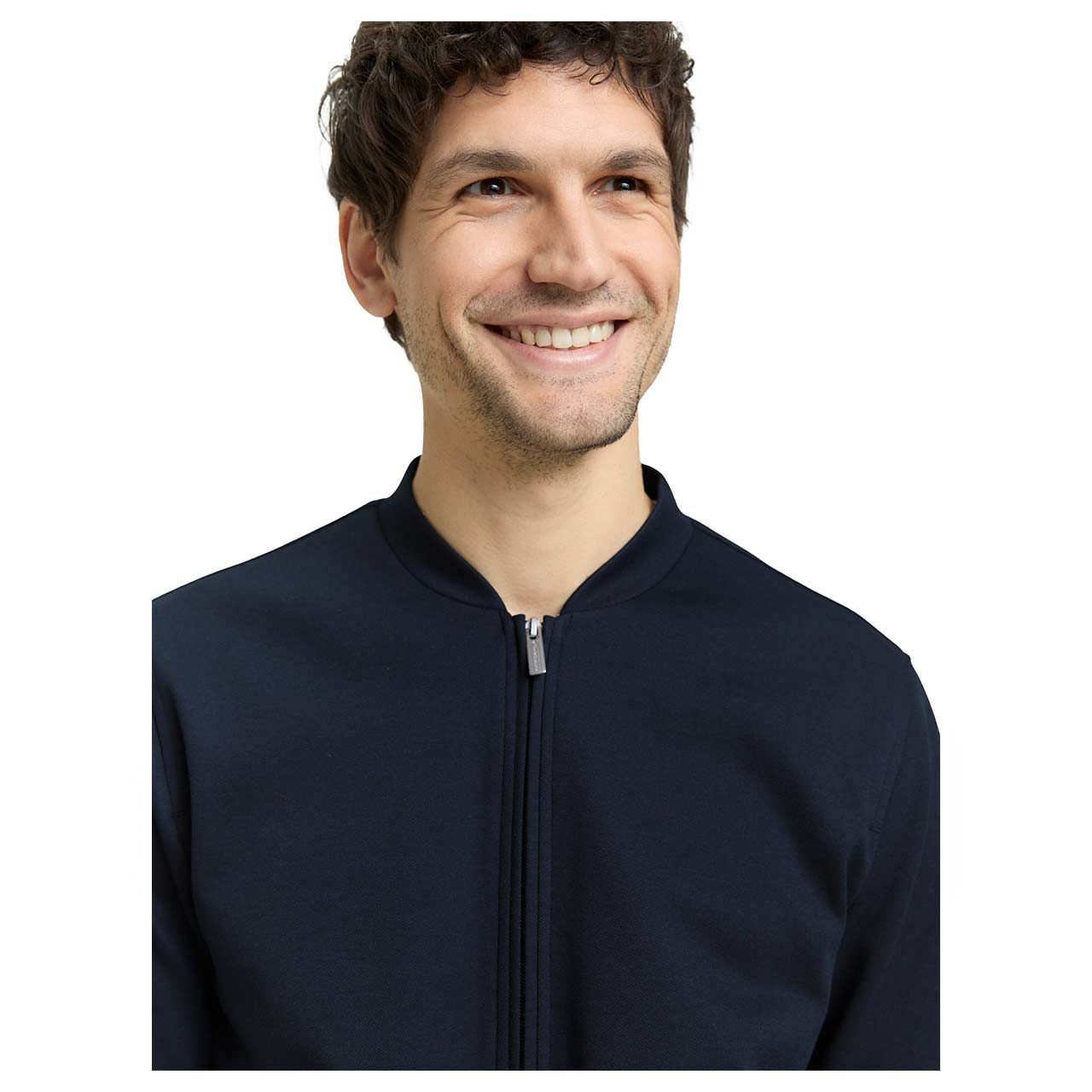 Tom Tailor Herren Jacke Piqué Bomber Jacket in Dunkelblau, Detailansicht Model