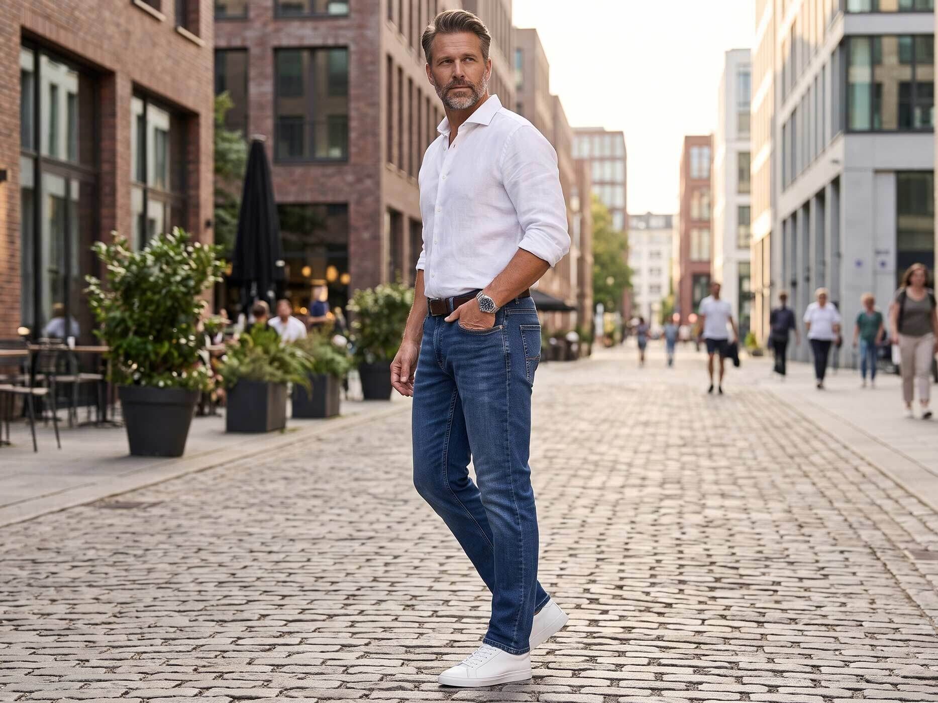 Ein Mann trägt eine blaue Jeans mit weißem Hemd und weißen Sneakern