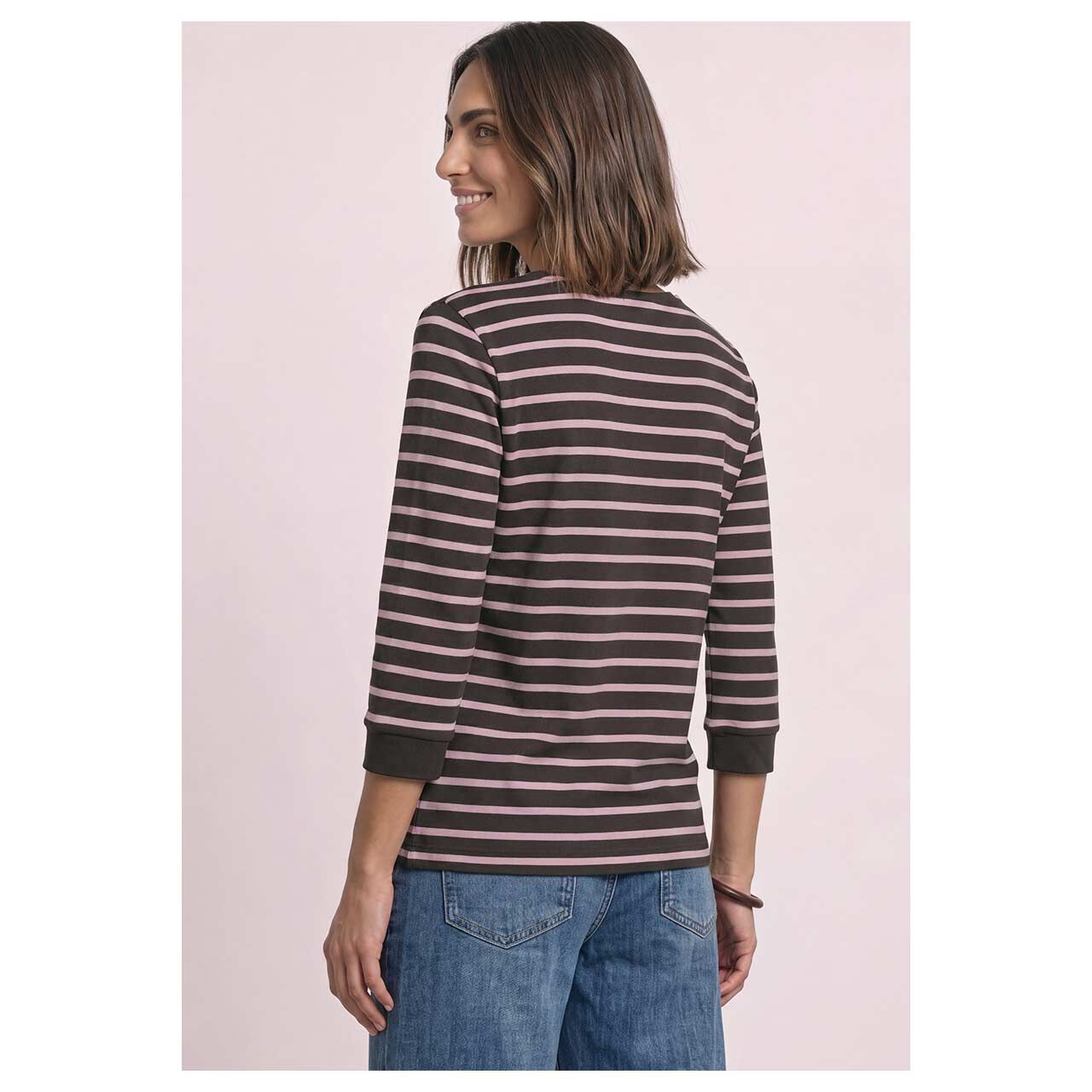 Damen 3/4 Arm Shirt Basic U-Boat von Street One in Rosa gestreift, Rückansicht am Model