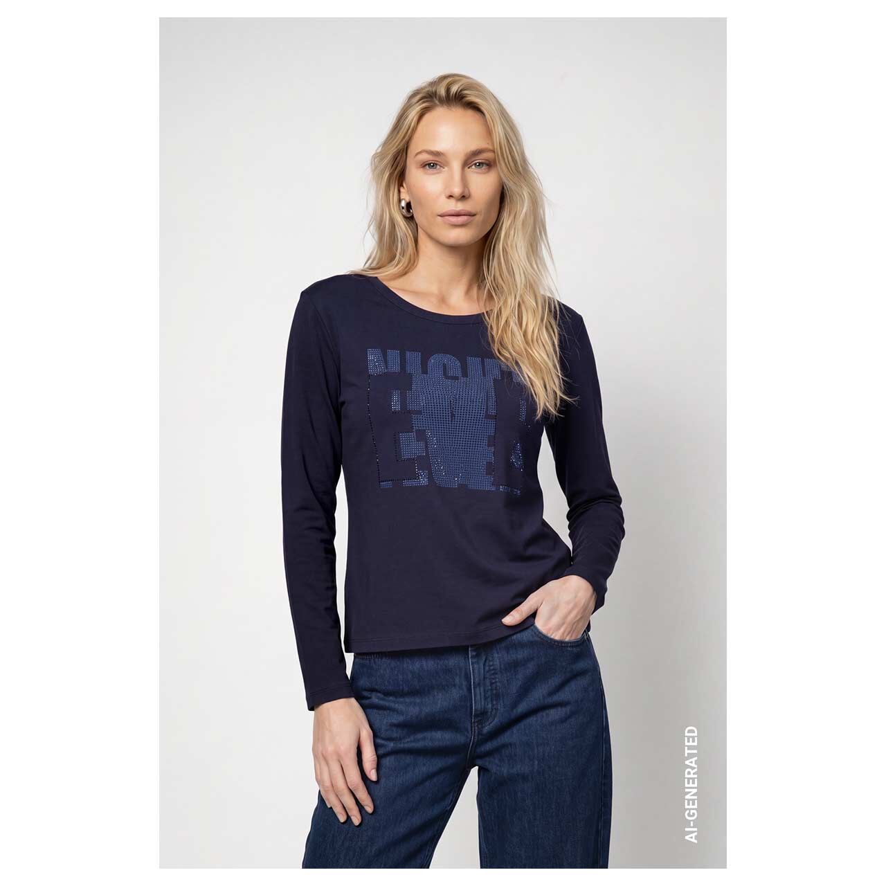 Damen Sweatshirt von Monari in Dunkelblau mit Print, Vorderansicht am Model