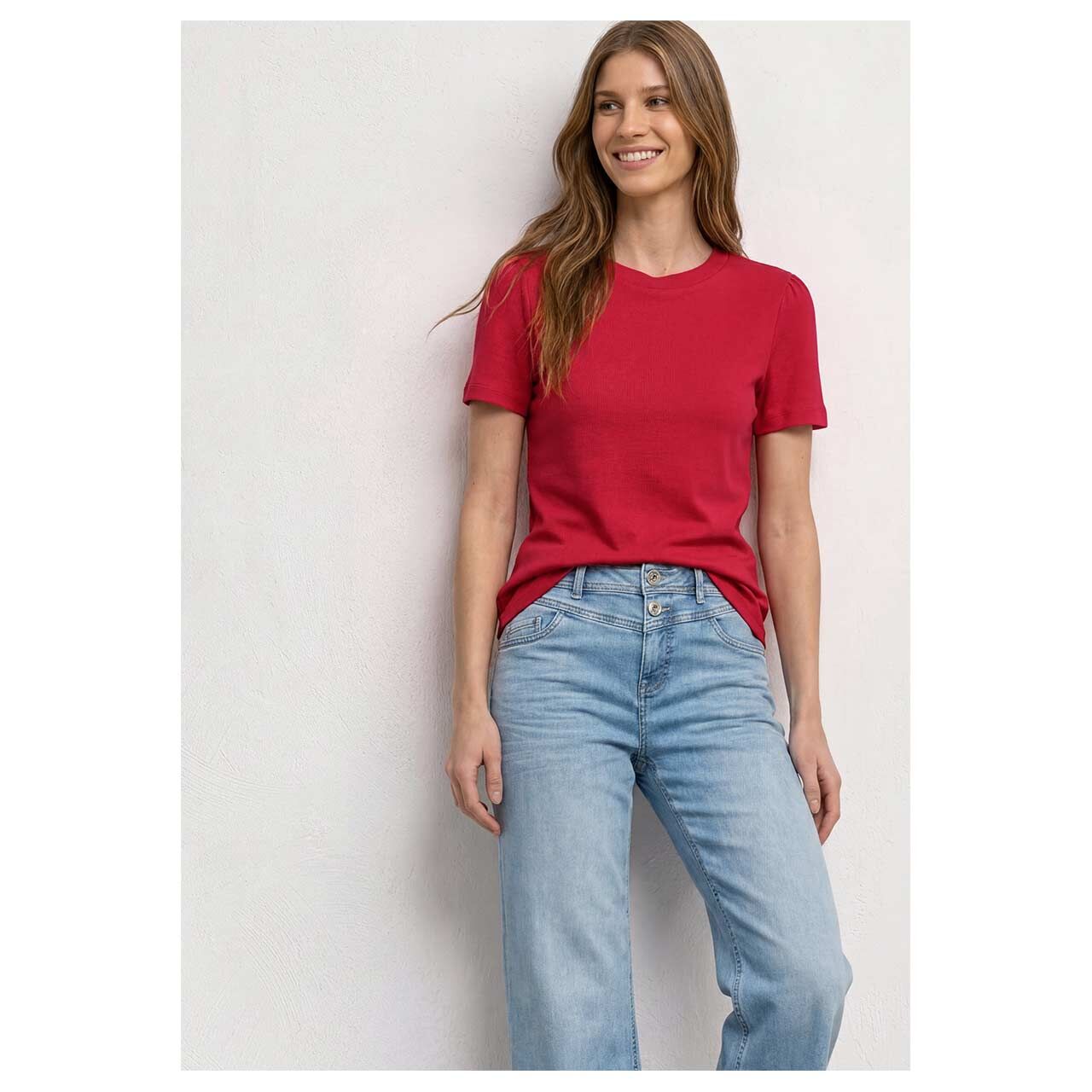 Damen T-Shirt Puff Sleeves von Street One in Rot, Vorderansicht am Model