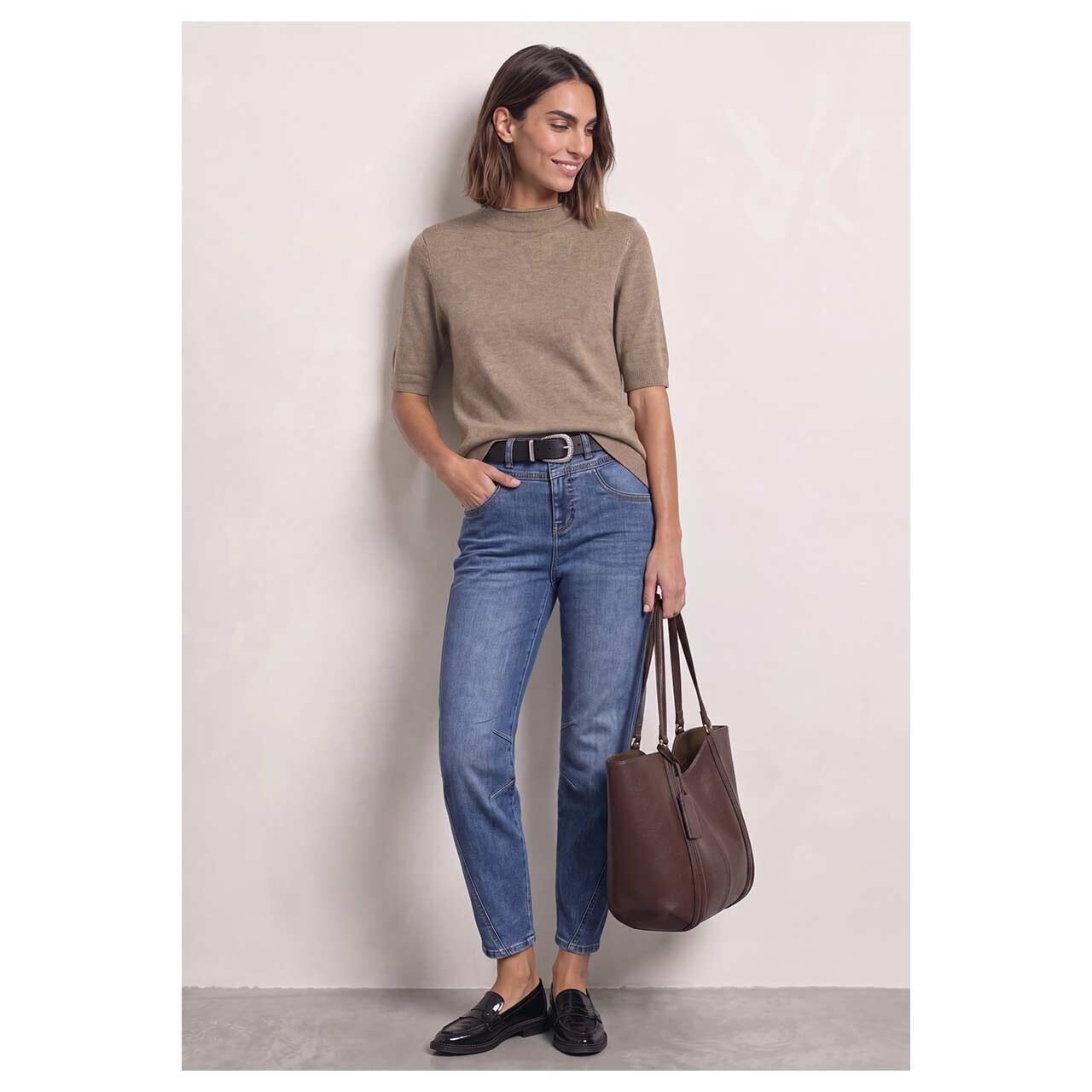 Damen Kurzarm Pullover von Street One in Beige, Ganzkörperansicht am Model