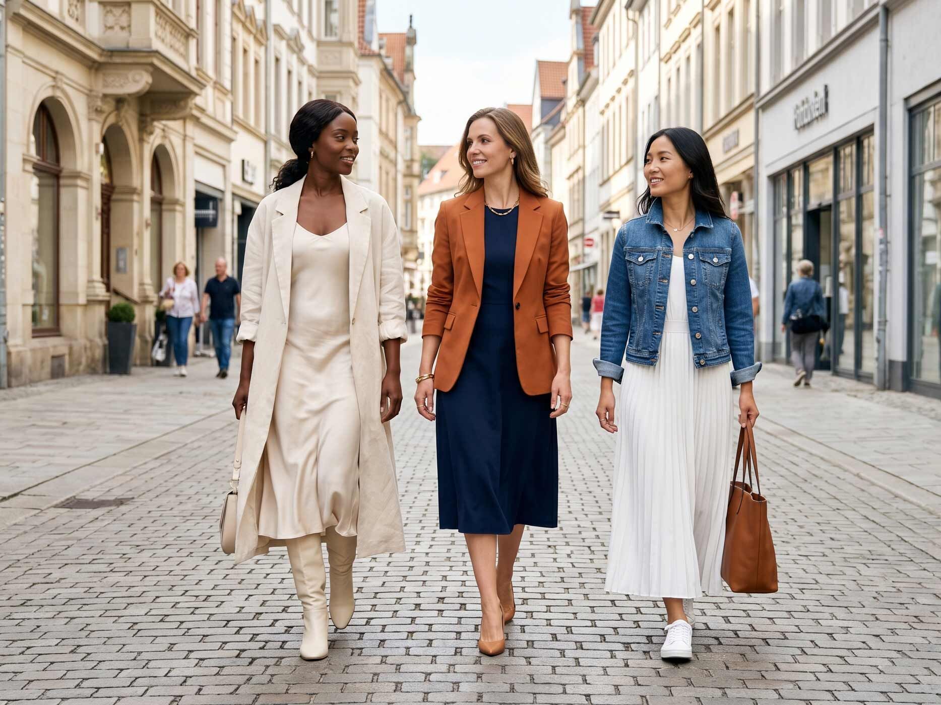 Drei Frauen laufen gemeinsam durch eine Innenstadt und zeigen unterschiedliche M&ouml;glichkeiten, Jacken &uuml;ber Kleidern zu tragen. Ein langer Mantel, ein Blazer und eine Jeansjacke verdeutlichen verschiedene Stilrichtungen von elegant bis l&auml;ssig.