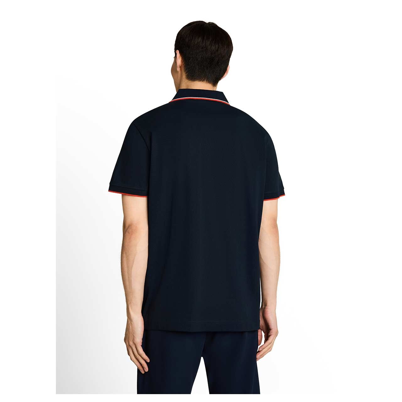 Herren Poloshirt von Tom Tailor in Dunkelblau mit Print, Rückansicht am Model