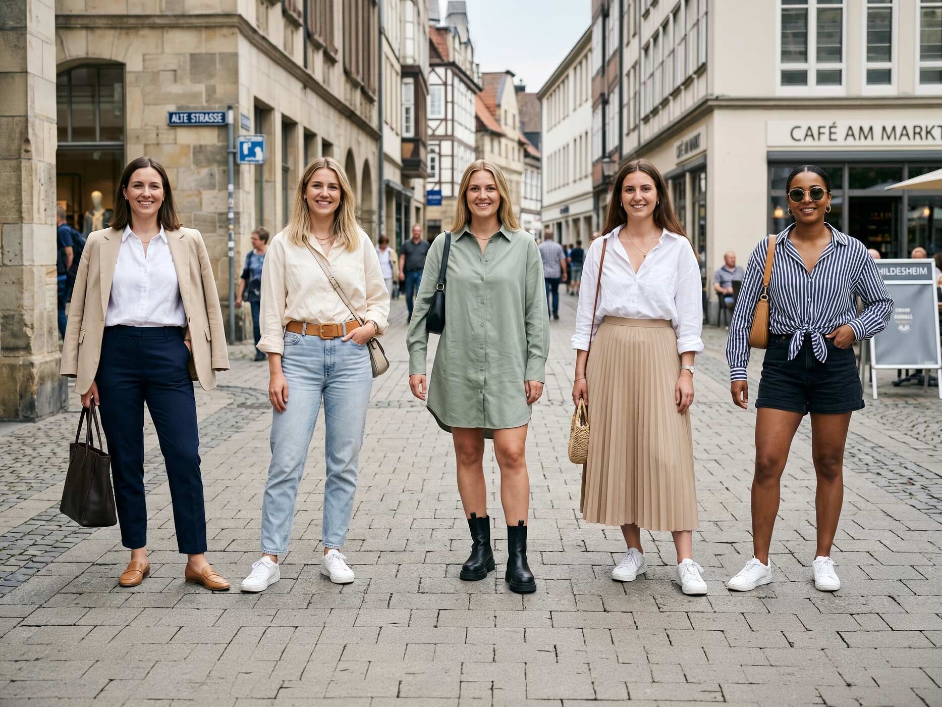 Mehrere Frauen tragen verschiedene Oversize Blusen Outfits kombiniert mit Hosen, R&ouml;cken und Shorts.