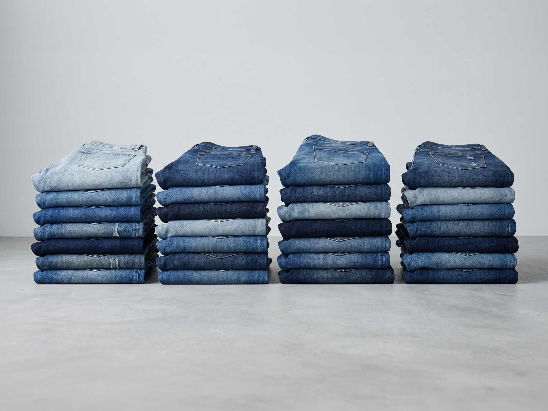 Mehrere Stapel gefalteter Jeans in unterschiedlichen Blautönen stehen nebeneinander auf einer hellen Fläche. Die Aufnahme zeigt verschiedene Waschungen und Farbnuancen von Denim.