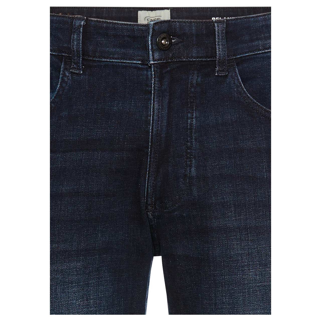 Stretch Herrenjeans Woodstock von Camel active in Dunkelblau angewaschen, Detailansicht Verschlussknopf