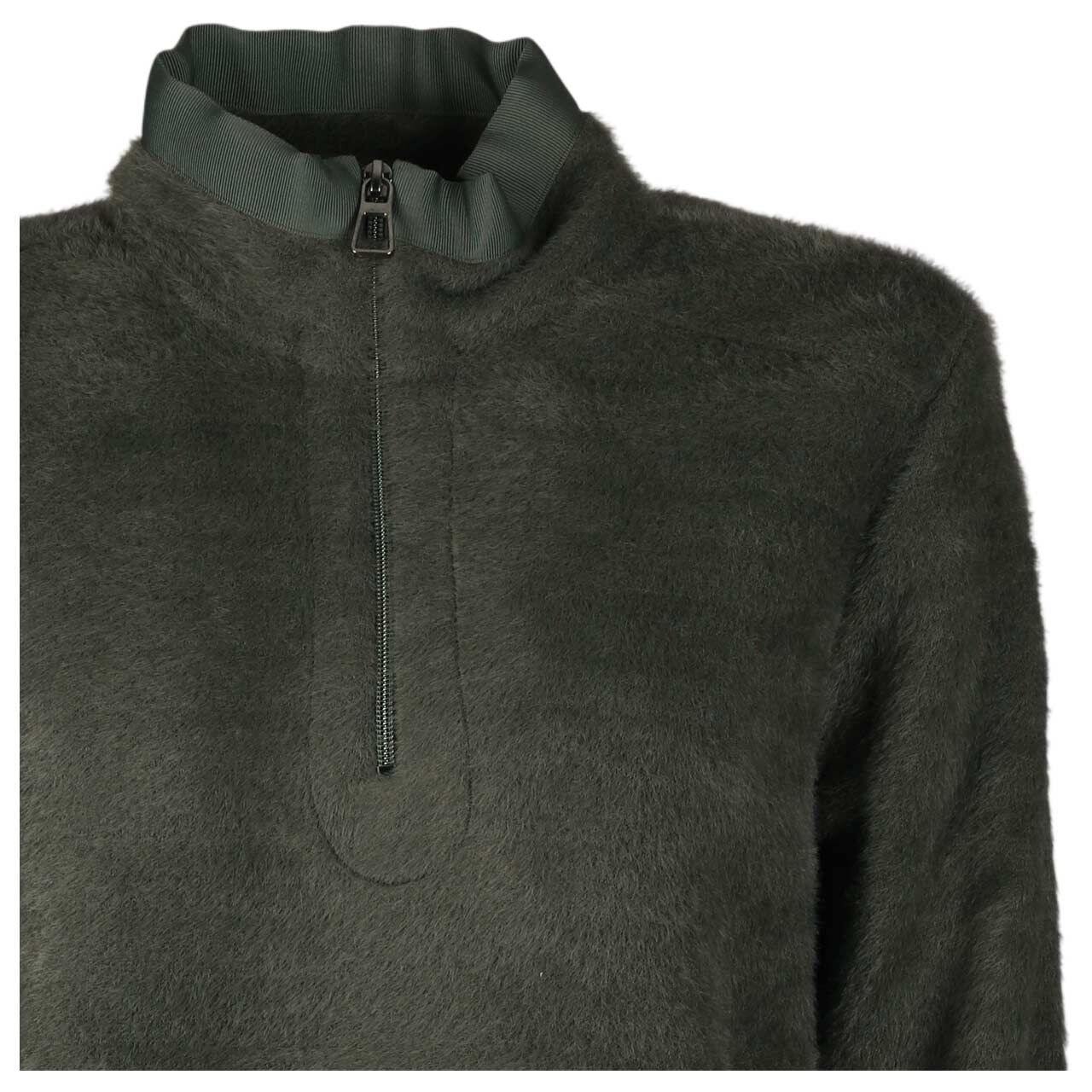 Damen Pullover Troyer Featheryarn Tape Detail von Cecil in Dunkelgrün, Detailansicht Kragen vorne